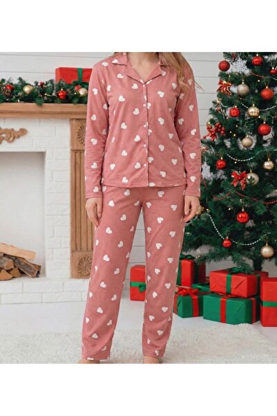 ERVA Kadın Kalp Desenli Önü Düğmeli Süet Pijama Takımı