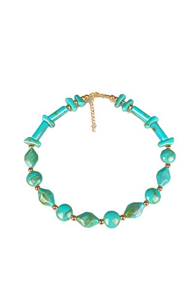 Furtek Aksesuar Pastel Mint Green Patterned Beaded Gold Detail Women's Necklace 45 cm Trendy Colored Acrylic Shiny