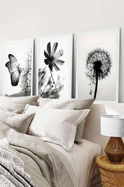 kutuTR Beyaz Çerçeveli 2D UV Baskı 3’lü MDF Tablo Set –Siyah Beyaz Doğa Temal...