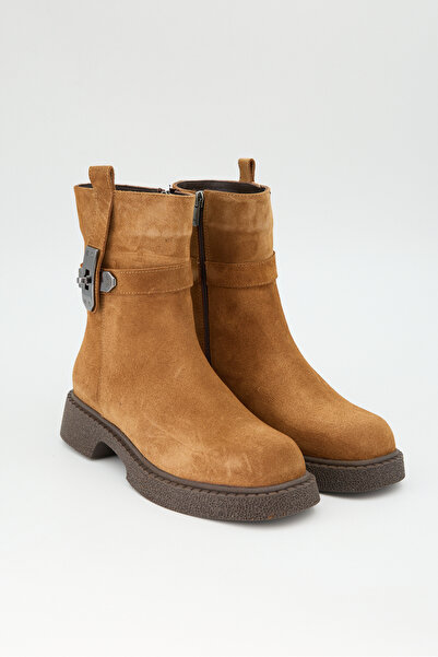 Jande Kadın Taba Süet Hakiki Deri Tokalı Fermuarlı Kalın Taban Bot