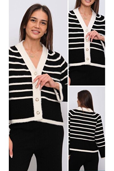 Cannes Women's Black and White Striped Buttoned Knitwear Cardigan