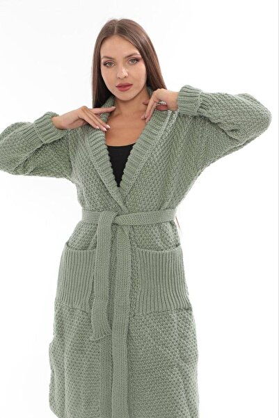Cannes Mint Green Hooded Thick Knitwear Long Cardigan