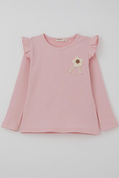 Breeze Дівчача футболка з довгими рукавами, квітковим гербом, деталізованими плечима та рюшами, 2-6 років, рожева