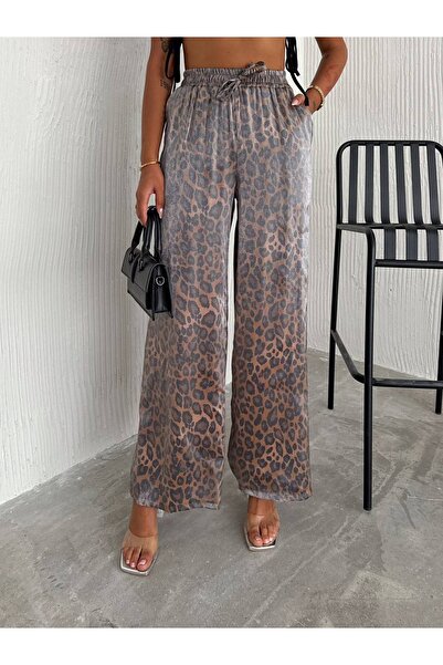 CARLA MARA Women's Leopard Print Wide Leg Pants with Elastic Waist