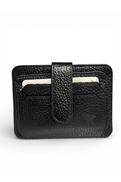 Gesa 100% Genuine Leather Top Snap Fastener Horizontal Model Black Card Holder & Wallet