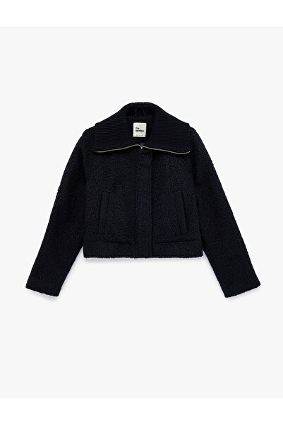 Koton Long Sleeve Zippered Pocket Detailed Wide Collar Crop Jacket