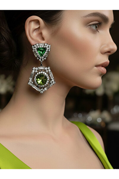 Süspüs Accessories Green Geometric Stone, Dangle Evening Dress Earrings