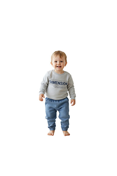 Çikoby Boys' Printed Sweatshirt and Denim Blue Woven Trousers Two-Piece Set 1...