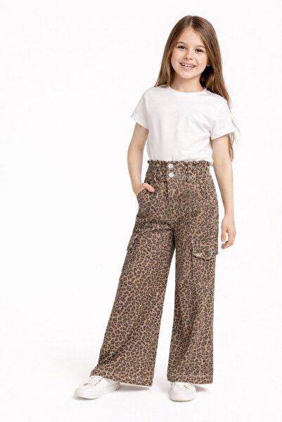 BAYHAS Girls' Leopard Printed Loose-Leg Pants K Cargo Pocket İ