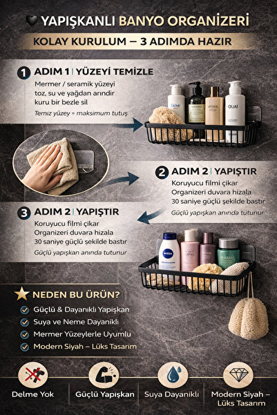 DrBambu Yapışkanlı Banyo Rafı, 2'li Banyo Düzenleyici, Duş Rafı Organizer Şam...