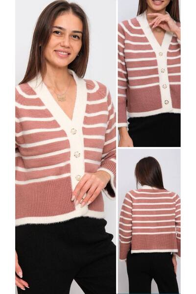 Cannes Women's Powder White Striped Buttoned Knitwear Cardigan