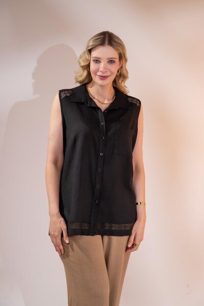 Roxxlen 1112071 Bluză neagră cu dungi și buzunare pentru femei de mărime mare