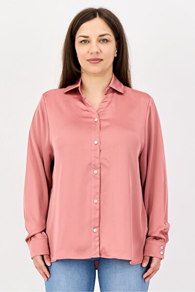 Bebe Women Spread Collar Long Sleeves Plain Shirt, Old Rose