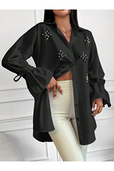 Purpleclo Women's Sleeve Detailed Stoned Black Boyfriend Shirt (Tunic Shirt)