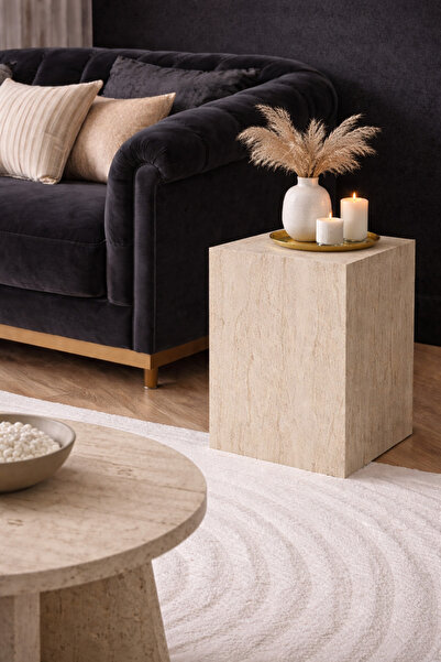 Sarenzo Blok Yan Sehpa Traverten Görünümlü İskandinav