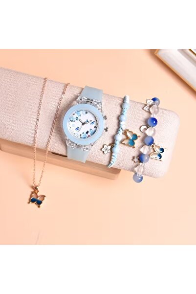 GlassySKY Kelebek Temalı Led Işıklı Kuvars Saat Kolye Ve Bileklik Set Kızlar ...