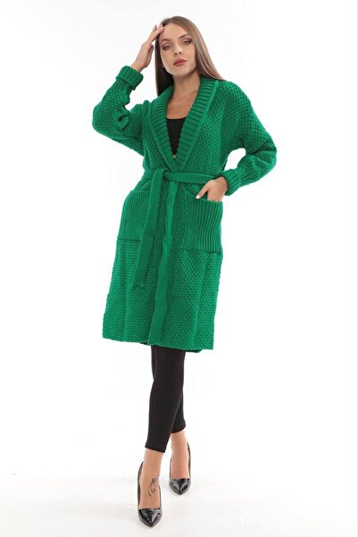Cannes Green Color Hooded Thick Knitwear Long Cardigan