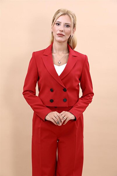 ÖNDER ÖZSOY Buttoned Mini Double-Breasted Women's Jacket-Red
