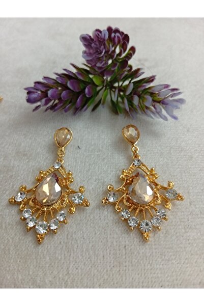 Pervin Ablacım Gold Yellow Stone Flashy Swinging Handmade Earrings