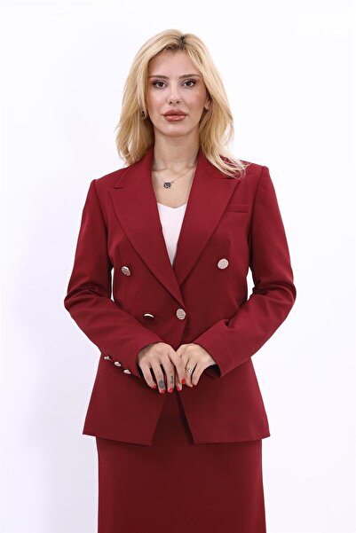ÖNDER ÖZSOY Collared Double-Breasted Modern Women's Jacket-Burgundy