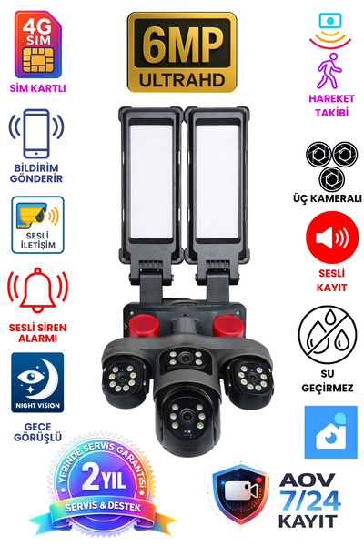 Venas 3 Kameralı 4G Sim Kartlı Hareket Takipli Sokak Lambalı Güvenlik Kamerası