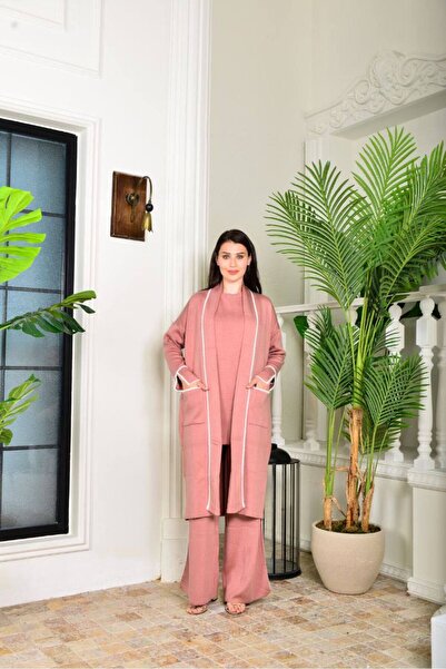 Cannes Pink Color Pants and Cardigan 3 Piece Set