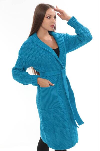 Cannes Blue Color Hooded Thick Knitwear Long Cardigan