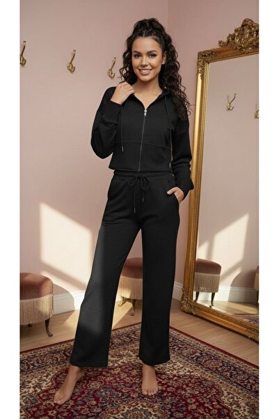 Moda Banuş بغطاء رأس طقم رياضي أسود من التريكو المحبوك من سالونيك مزود بسحاب