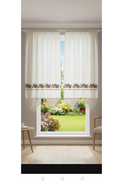 DENBU TEKSTİL Otantik Kırmızı Kanaviçeli Keten Perde