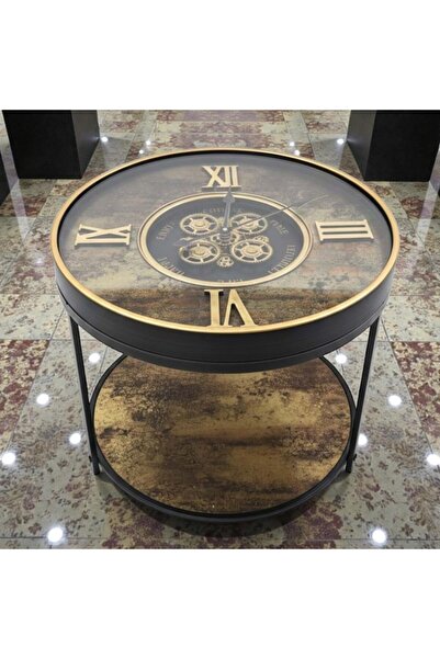 Kuzey Tacı Gold Roma Rakamlı Dişli Saat Tasarım Yuvarlak Orta Sehpa – Siyah M...