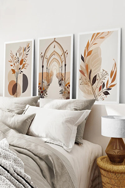 kutuTR Beyaz Çerçeveli 2D UV Baskı 3’lü MDF Tablo Set –Modern Bitki ve Doğa T...
