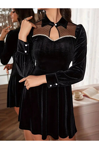 Kendinisevbutik Kadın Uzun Kollu Yakası Tül Detaylı İncili Mini Kadife Elbise Siyah