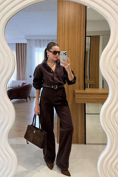 Gizem Ecemiş Lermai Kahve Denim Kemerli Tulum