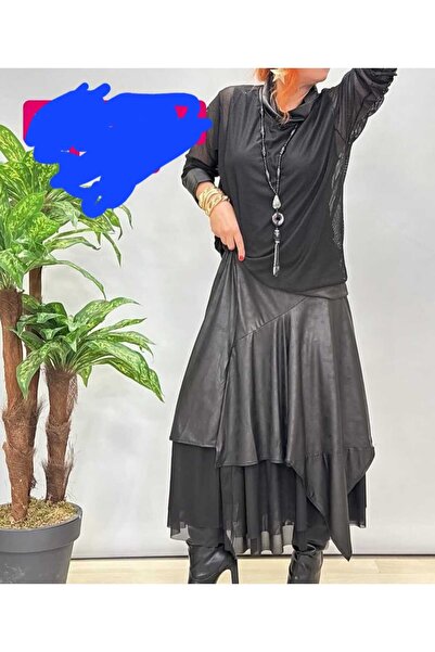 NUR TEKSTİL kadın fileli içi bitişik kalın askılı yaka ve kol ağzı deri detay...