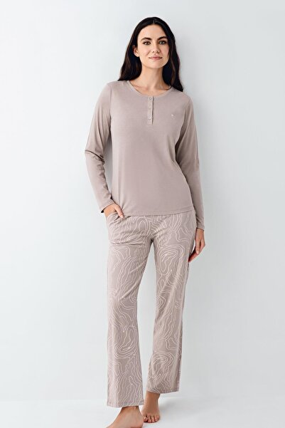 Pierre Cardin Women's Long Sleeve Pajama Set, 50% Cotton 50% Modal, Top Solid Color Button-Down Collar, Bottom Patterned and Pockets