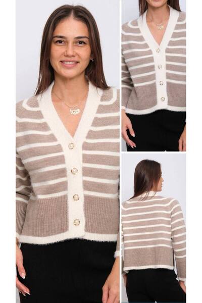 Cannes Women's Beige White Striped Buttoned Knitwear Cardigan
