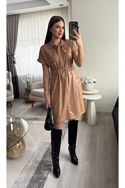 Miasista Çift Cep Detay Deri Elbise