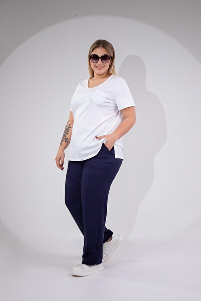 Roxxlen 3330578 بنطلون نسائي كبير الحجم من الكتان باللون الأزرق الداكن مع جيوب