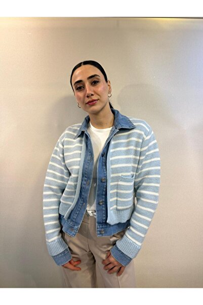 EnderGiyim Striped Denim Detailed Buttoned Pocket Cardigan T94607