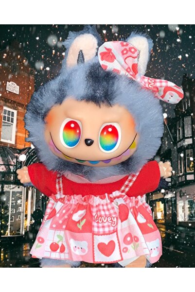 OEM Plus keychain toy - labubu type - 15 cm - colorful dress - dark grey