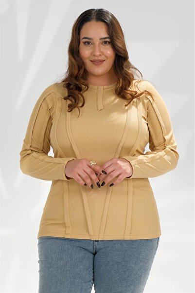 Roxxlen 333051 سويت شيرت نسائي مقاس كبير مخطط باللون الأصفر
