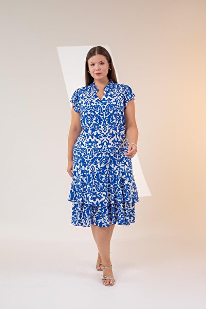 Roxxlen 3330483 Rochie de damă, mărime mare, albastră, cu volane