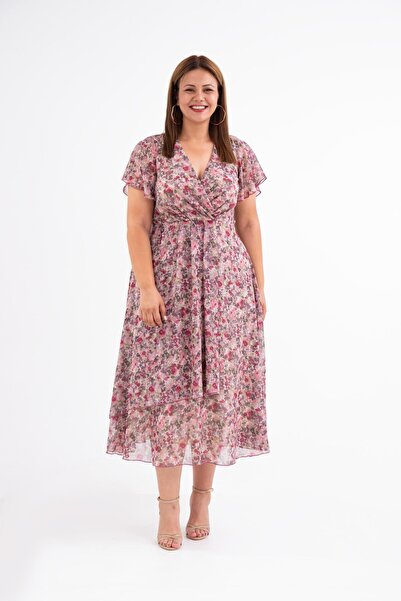 Roxxlen 3330604 Rochie din șifon cu volan, mărime mare, roz cu două rânduri de nasturi