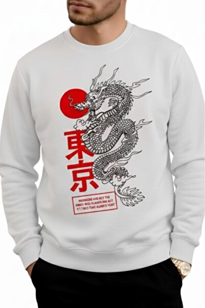 NO 601 Men's White Dragon Printed Hoodless Crew Neck