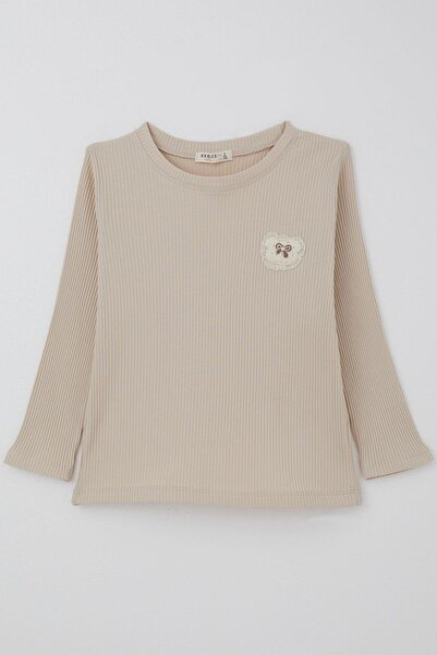 Breeze Tricou cu mânecă lungă pentru fetiță, cu detaliu de broderie, culoare uni, 5-10 ani, bej