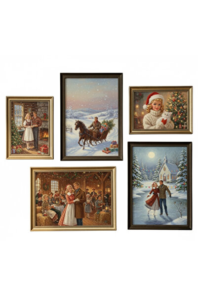 DüşlerÜlkesi 5’li Nostaljik Yılbaşı Tablo Seti – Kış Temalı Vintage Dekoratif...
