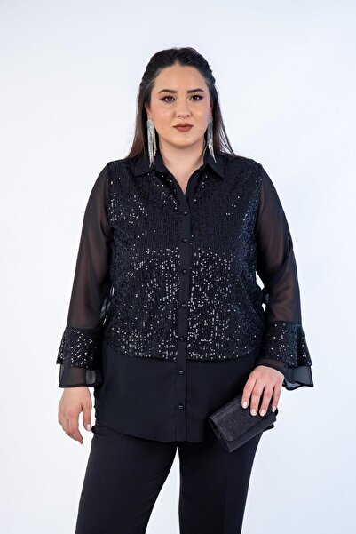 Roxxlen 1122542 Дамска блуза с пайети в черен цвят, голям размер