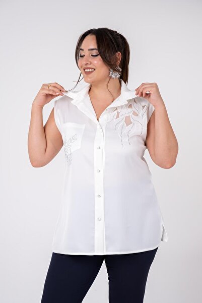 Roxxlen 8040 Γυναικεία Μπλούζα Μεγάλου Μεγέθους Λευκή Κεντημένη Σατέν