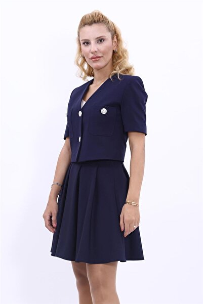 ÖNDER ÖZSOY V Yaka Mini Kadın Ceket-Lacivert