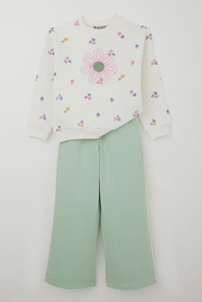 ALG Детски комплект спортен екип с флорална бродерия и принт, 6-9 години, екрю